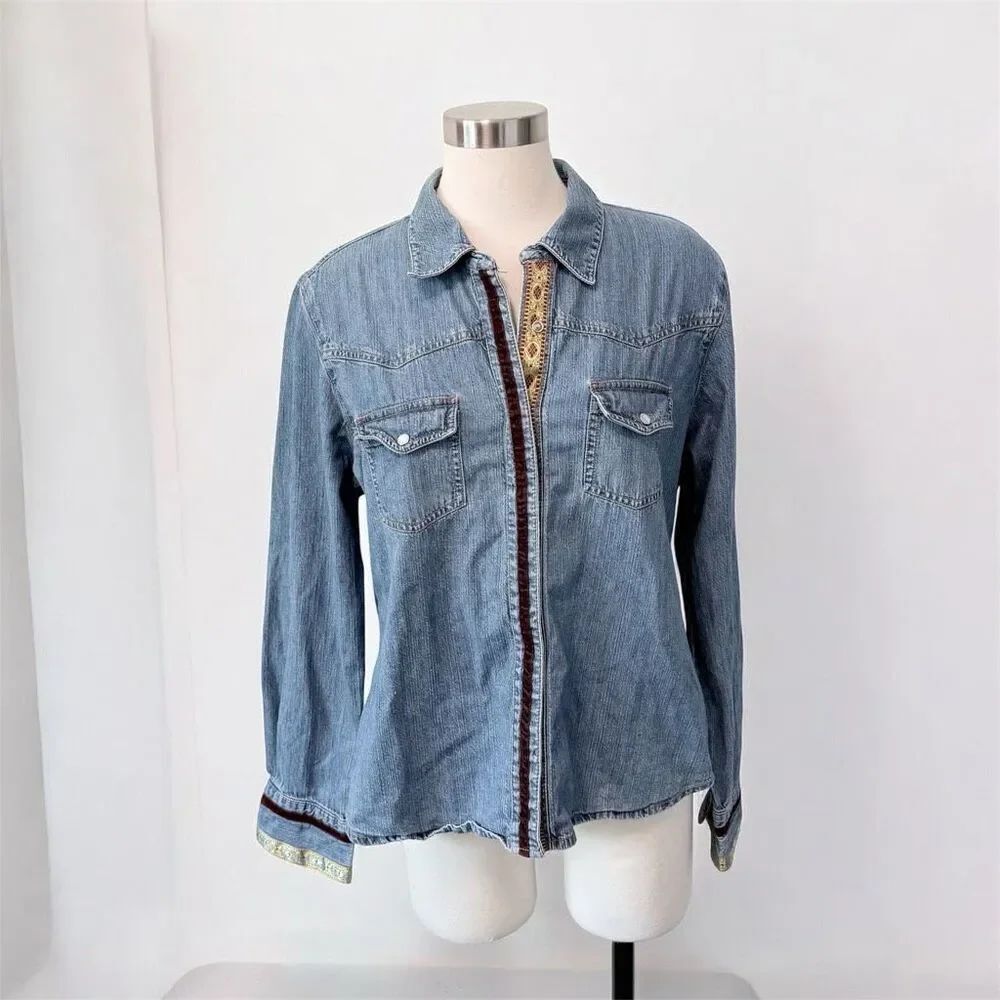 NY Jeans Y2K Velvet Denim Shirt Top Blouse Button Down XL Embroidered